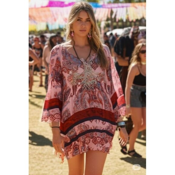 charlie jade Tops - Charlie Jade Silk Womens Paisley Print Boho Tunic Dress M Pink & Red